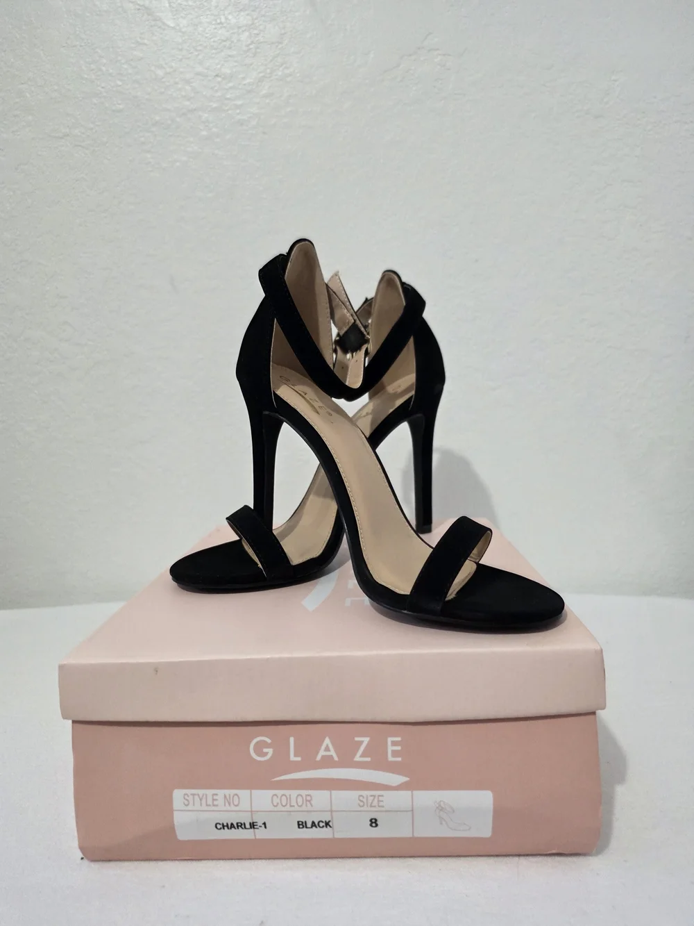 Glaze Black Suede High Heel Ankle-Strap Sandals Size 8